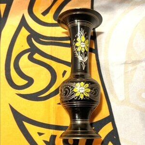 Vintage Black Brass Bud Vase with Yellow Flowers